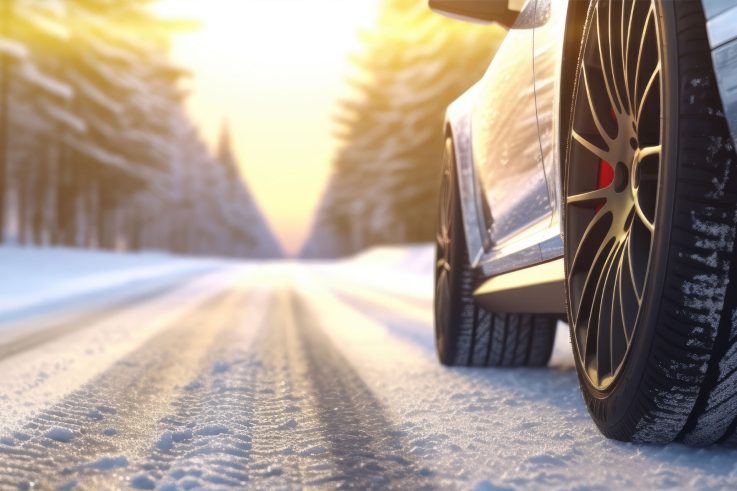 Side profile of car with winter tires on snow covered road from low angle